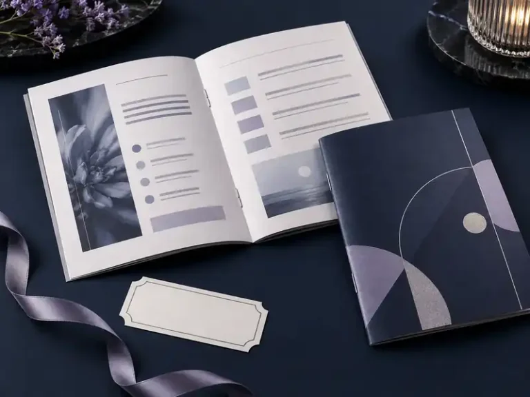 Custom event program booklets with schedule layouts, midnight blue covers and saddle stitching