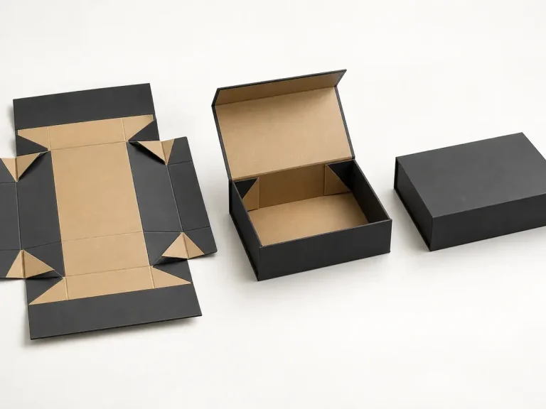 Charcoal foldable magnetic box shown flat, partly assembled and fully assembled