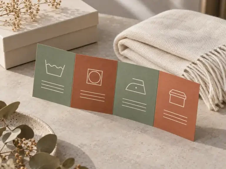 Accordion-fold care card with generic care icons beside a folded scarf and gift box