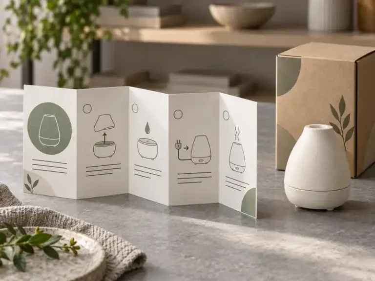 Compact folded product guide with generic step icons beside a blank home accessory box