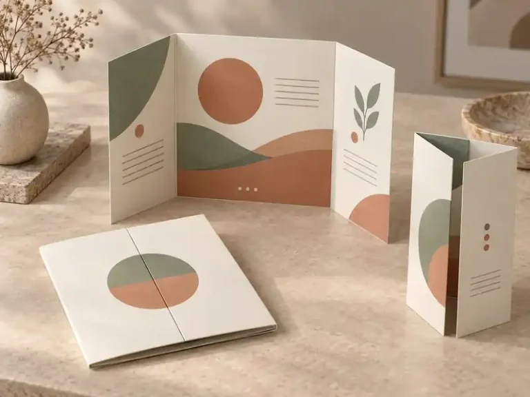 Cream gate-fold leaflets with sage and terracotta abstract interior panels