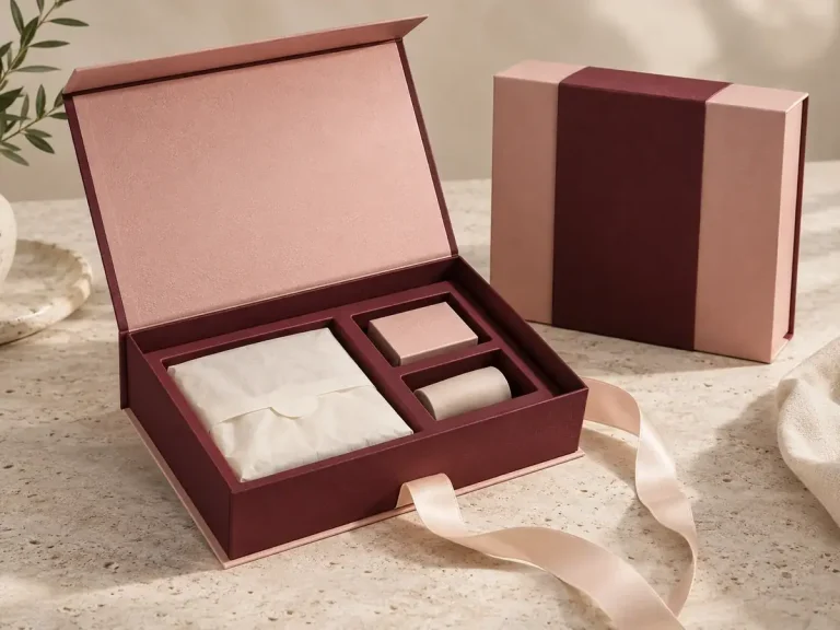 Blush and burgundy magnetic gift box with a fitted insert, tissue and satin ribbon