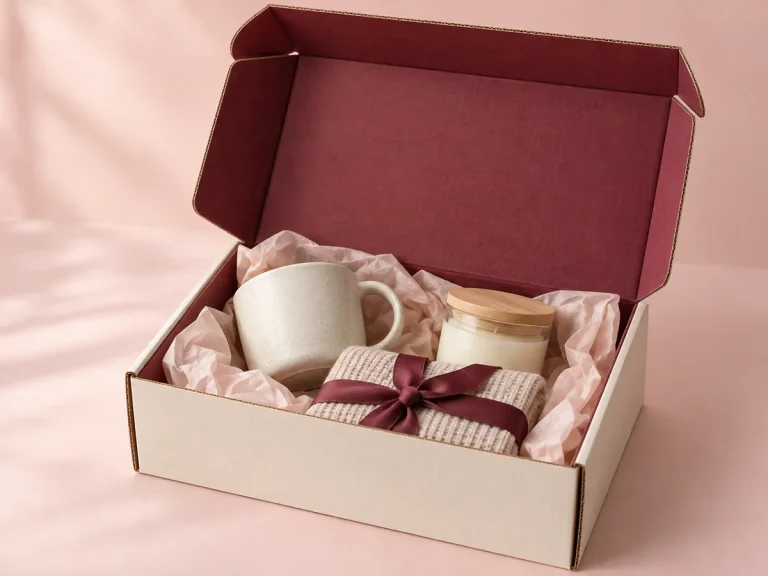 Cream gift mailer with burgundy interior, tissue and ribbon-wrapped unbranded gifts