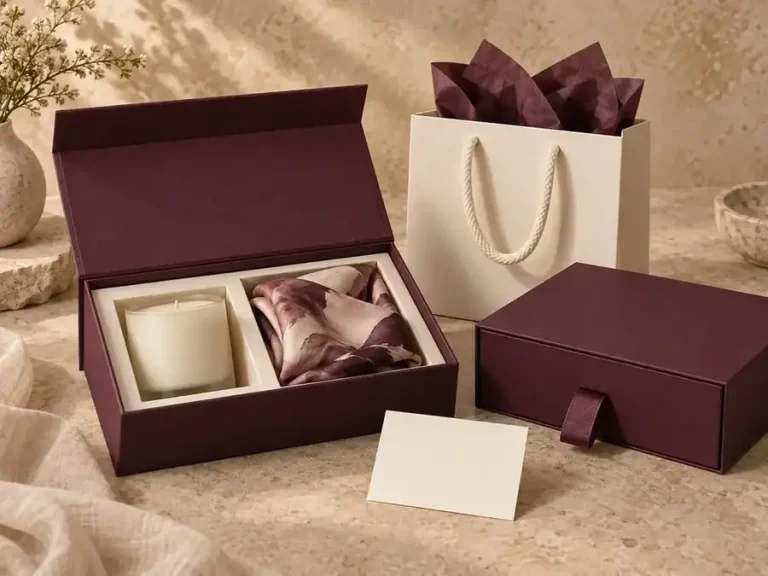 Plum gift packaging with presentation box, drawer box, paper bag, candle and folded scarf