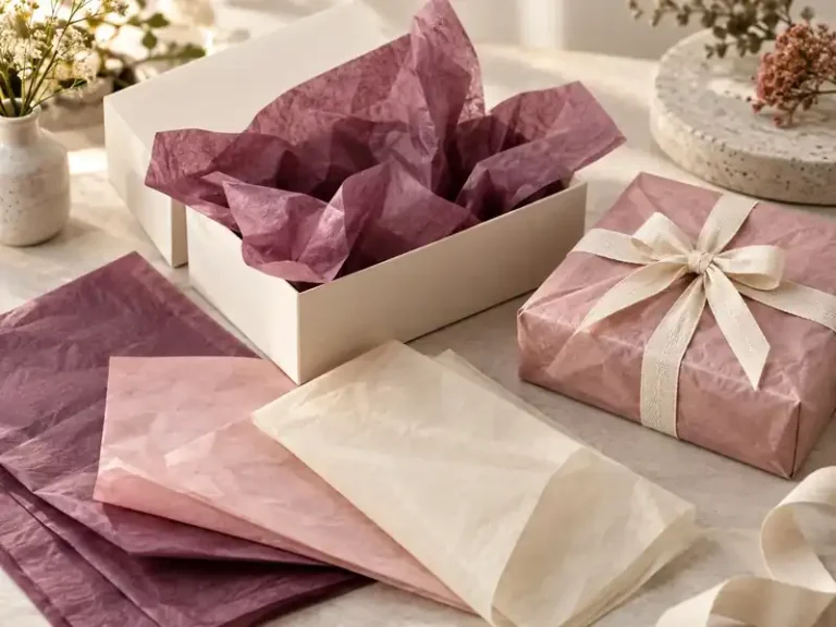 Cream gift box with layered plum, blush and cream tissue and cotton ribbon