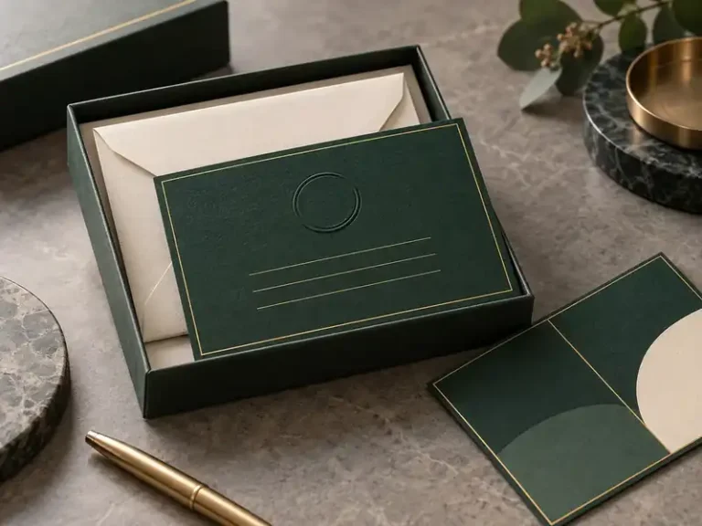 Deep green guarantee card with gold border, blank embossed seal and matching envelope