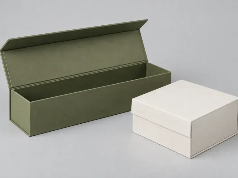 Long olive hinged magnetic box shown open beside a smaller warm-white box