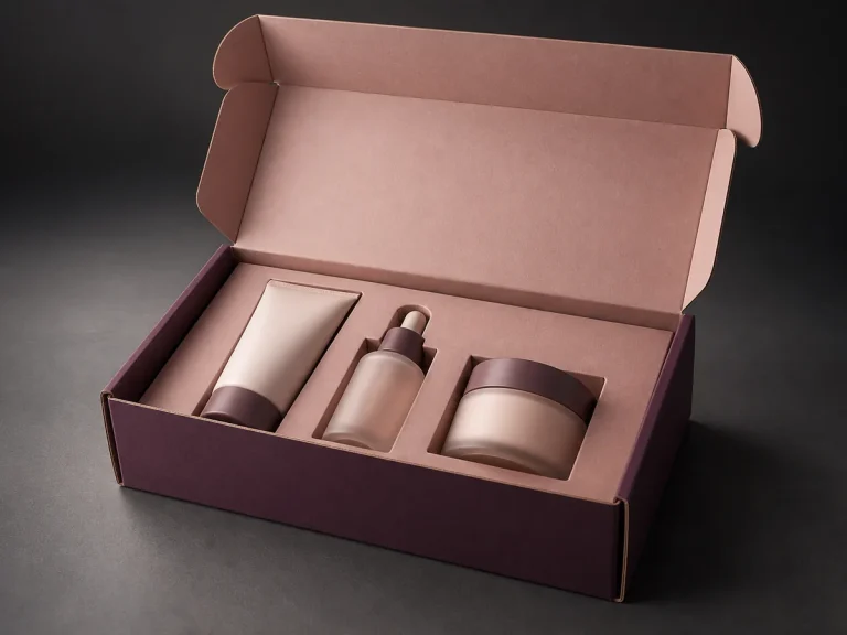 Aubergine PR corrugated mailer with blush presentation insert for cosmetic products