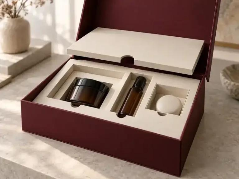 Burgundy presentation box with layered cream inner packaging for a jar, bottle and accessory
