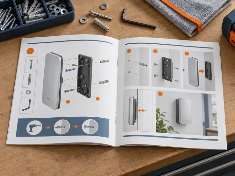 Custom installation manual printing with open booklet, technical diagrams and hardware