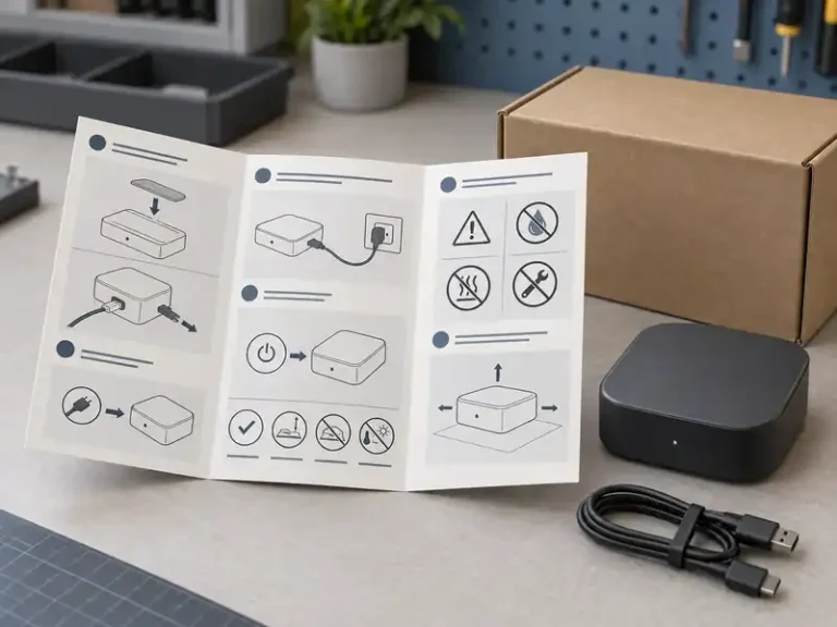 Technical instruction leaflet with generic diagrams beside a compact device and cable