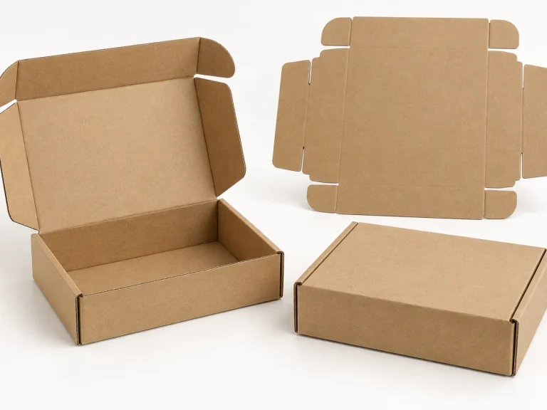 Natural kraft corrugated mailers shown open, closed and flat packed