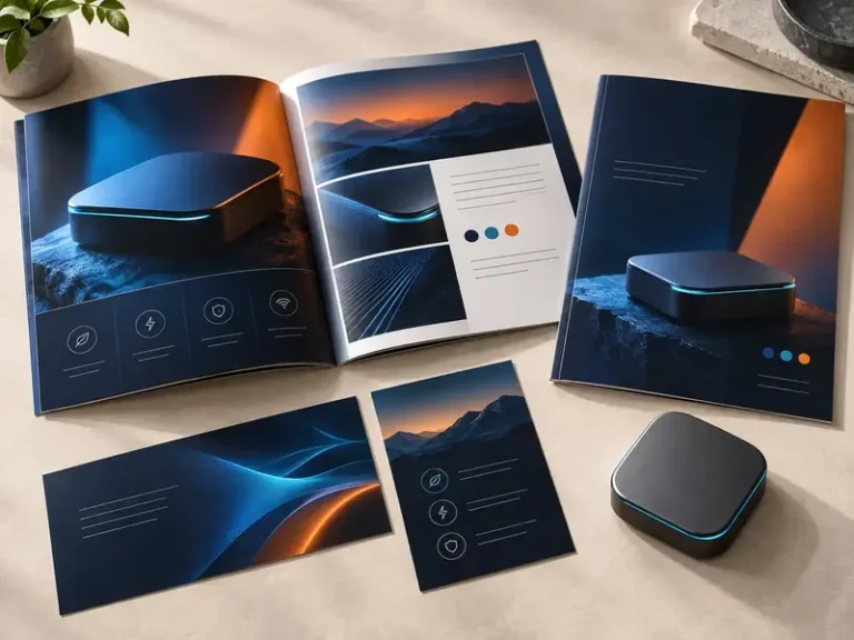Deep blue product launch brochures and inserts beside an unbranded compact device