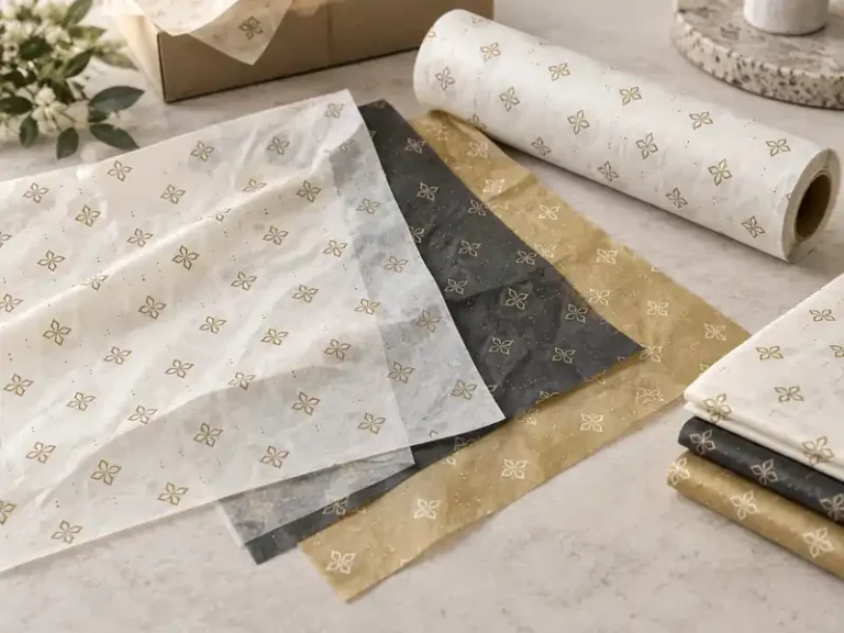 Ivory, charcoal and gold tissue sheets with original geometric repeat motifs