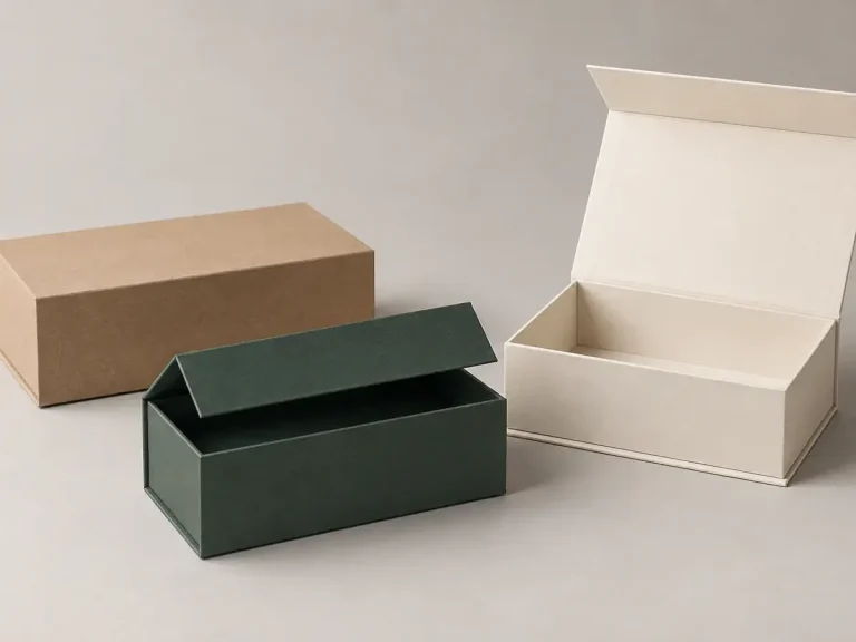 Kraft, forest green and ivory rigid magnetic closure boxes shown closed, partly open and fully open