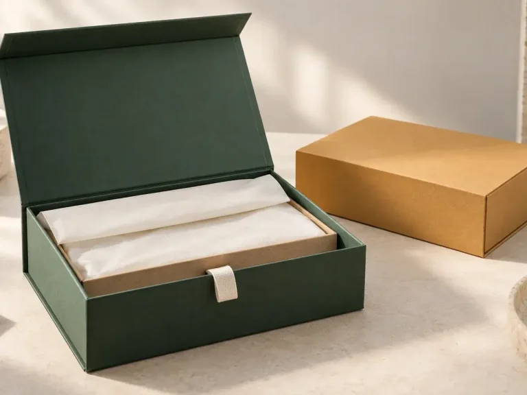 Forest green magnetic gift box with ivory tissue and a kraft tray beside a warm ochre box