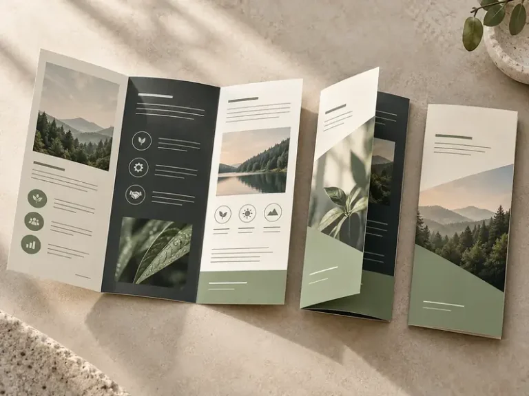 Sage and charcoal tri-fold marketing leaflets shown open, half-folded and closed