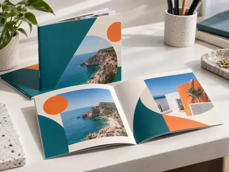 Custom marketing stitch booklets with colorful campaign spreads and center-stapled binding