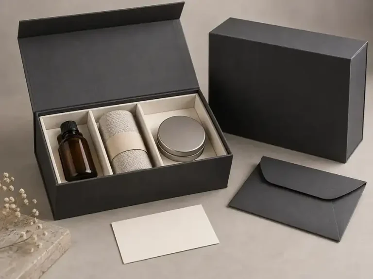 Charcoal multi-component presentation box with divided insert, bottle, textile and metal tin