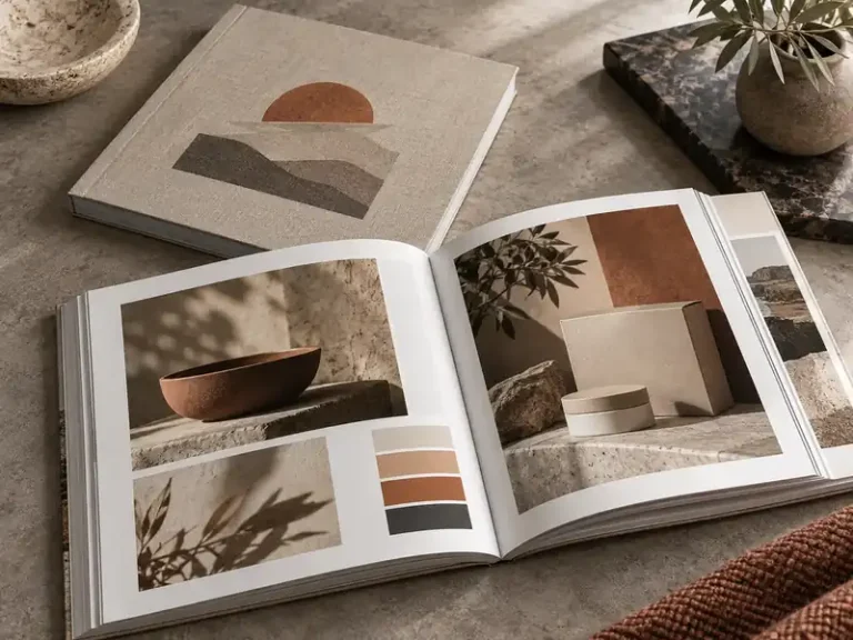 Custom multi-page brand books with linen-textured covers, editorial spreads and color palettes
