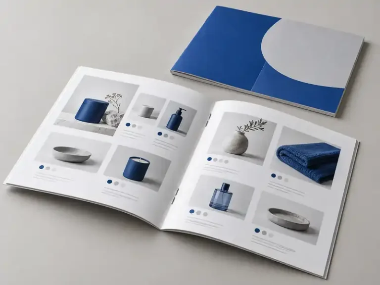 Custom multi-page product booklets with organized product grids, color swatches and center staples
