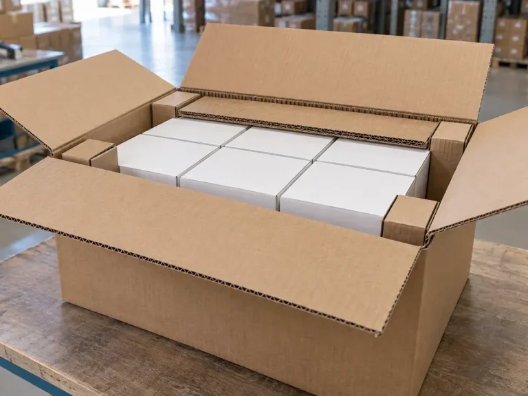 Kraft outer carton with fitted corner pads and plain white inner packs