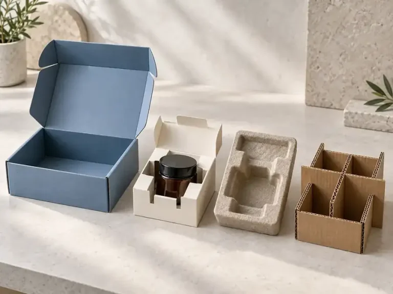 Blue carton with paperboard, molded-pulp and corrugated insert options for an amber jar