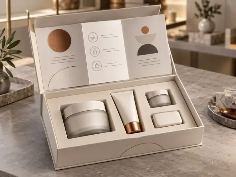 Folded packaging insert inside a cream presentation carton with blank product containers