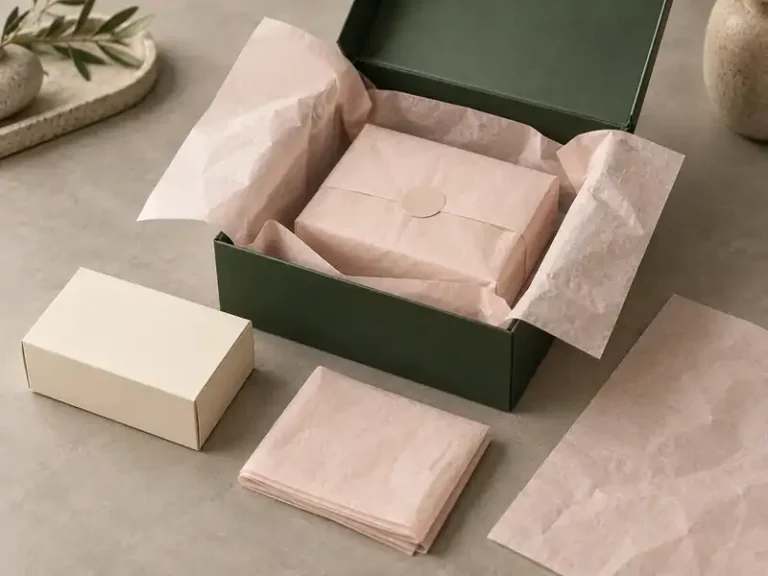 Deep green paper box with product carton wrapped in pale blush tissue