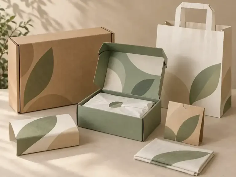 Kraft, sage and ivory all-paper packaging system with mailer, carton, bag, sleeve and tissue