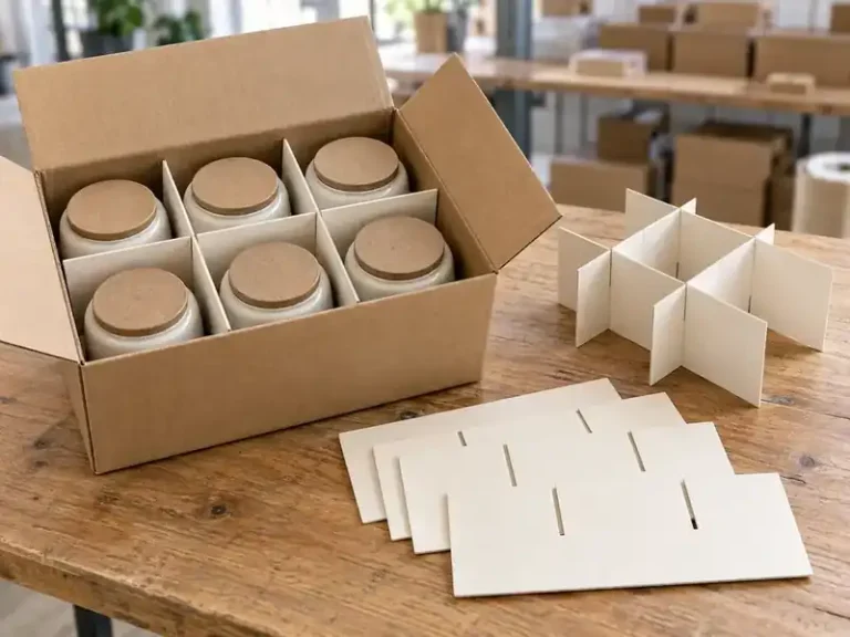 Kraft shipping carton with cream interlocking paperboard separators for six ceramic jars