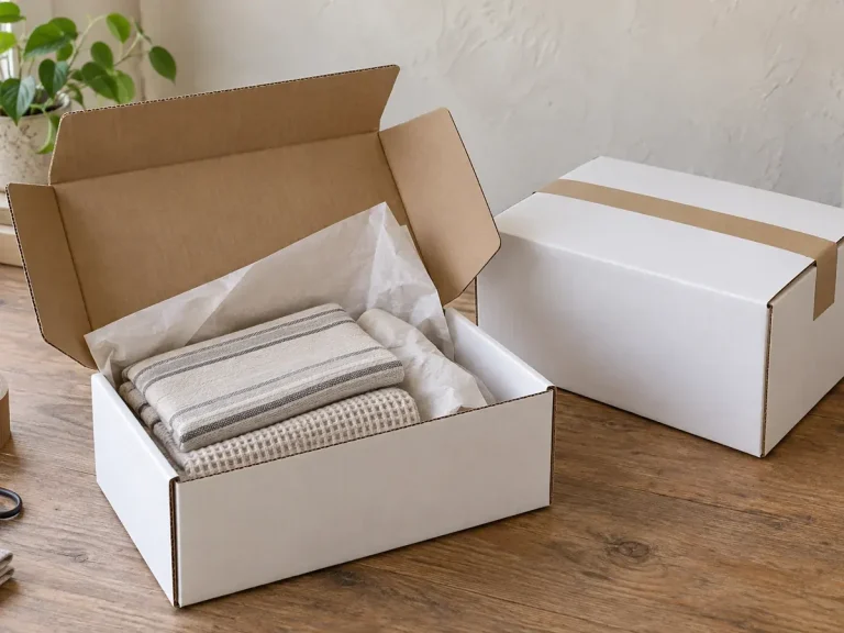 White paper shipping cartons with kraft interiors for folded household textiles