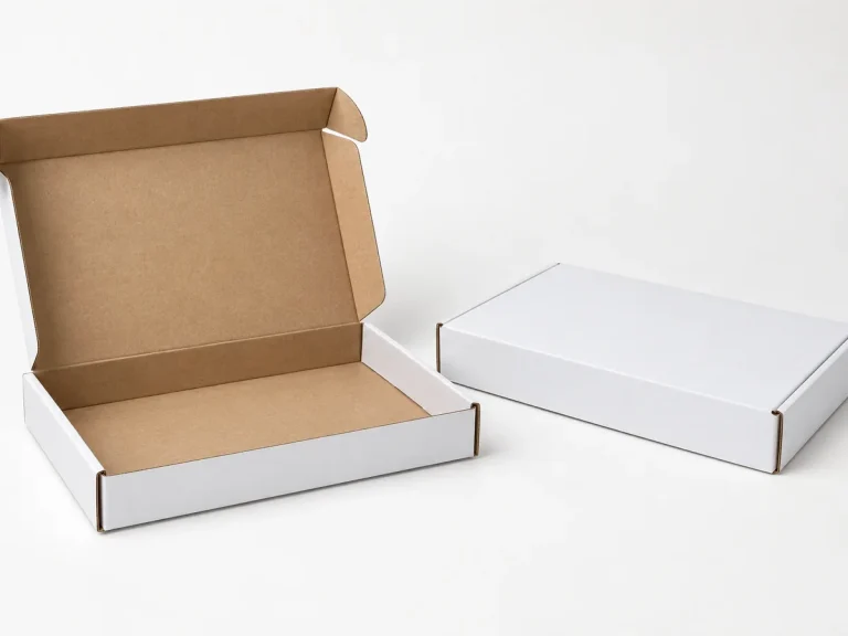 Slim white micro-flute paperboard mailers with natural kraft interior