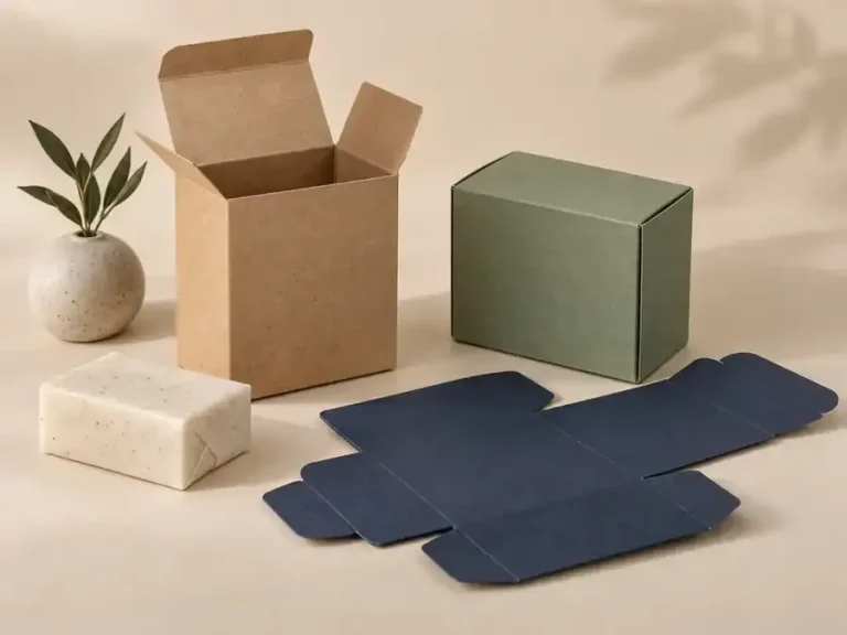 Kraft, sage and navy paperboard product boxes shown erected, closed and flat with natural soap
