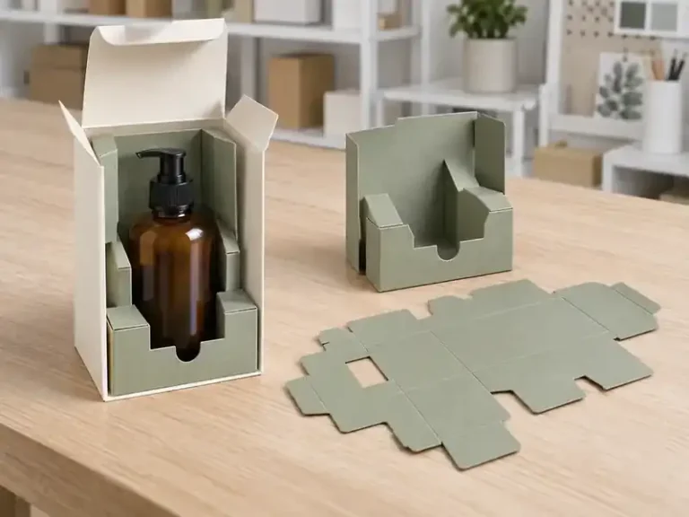 Cream carton with sage paperboard bottle insert shown flat, folded and loaded