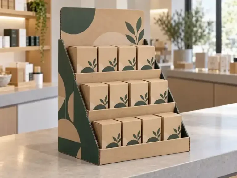 Three-tier kraft and green paperboard retail display holding small cartons