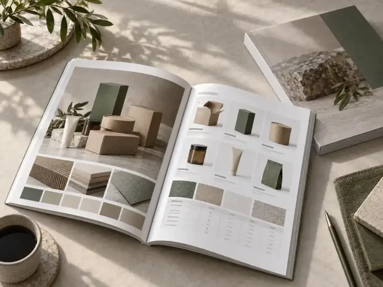 Custom perfect-bound product catalogs with organized product grids, material swatches and specifications