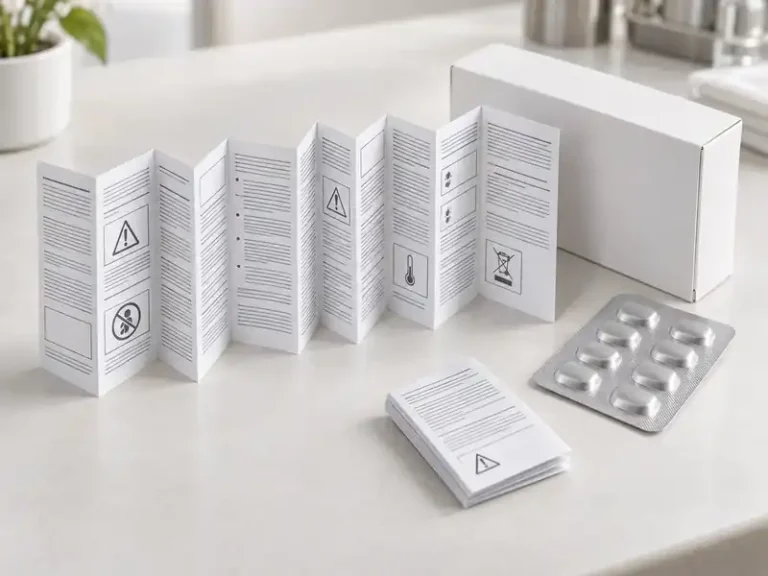 White multi-fold pharmaceutical insert beside a blank medicine carton and neutral blister pack