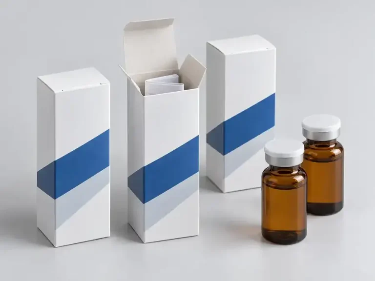 White and blue pharmaceutical-style cartons with a folded insert and unbranded amber vials