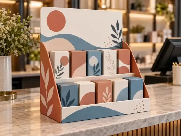 Cream, terracotta and blue two-row point-of-sale display with side wings and blank header