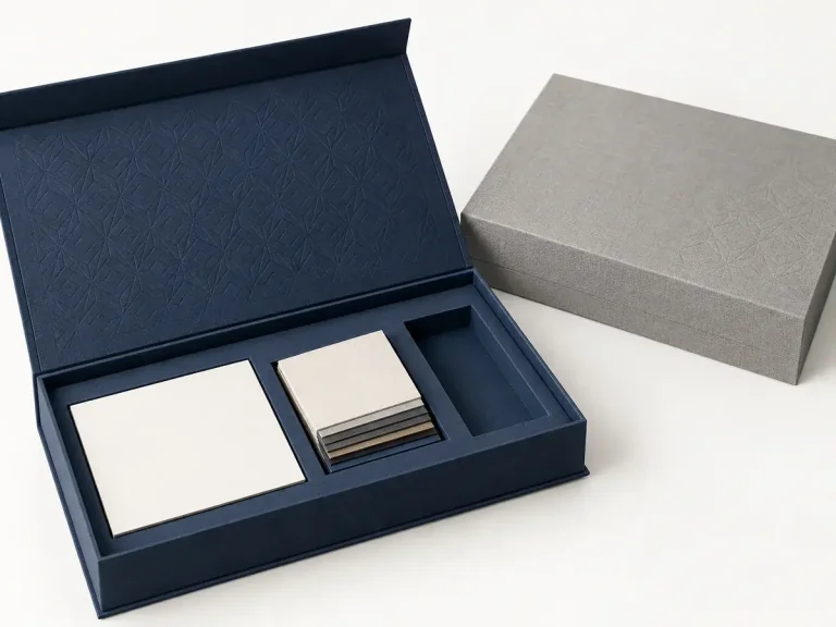 Navy magnetic presentation box with a structured sample insert and a closed stone-gray box