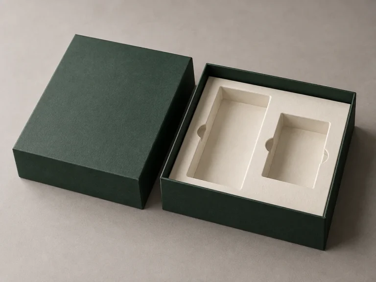 Forest green premium product rigid box with two-well paperboard insert