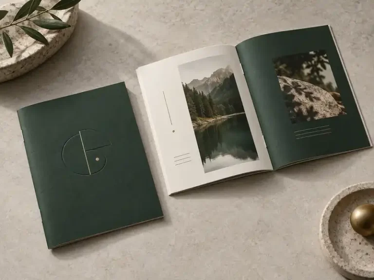 Custom printed brand booklets with forest green covers, editorial spreads and center staples