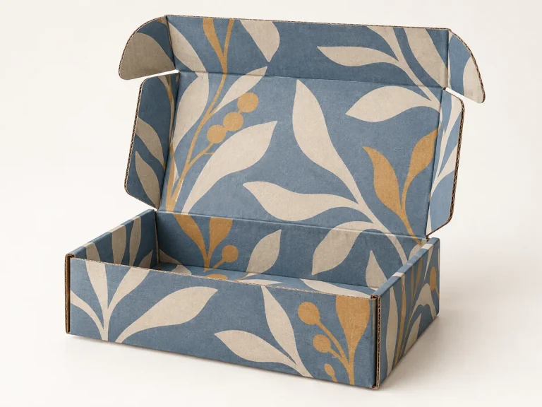 Dusty blue corrugated mailer with cream and ochre botanical pattern printing