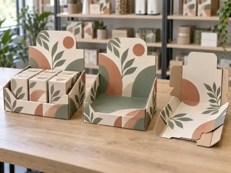 Botanical printed corrugated display trays shown loaded, assembled and partly folded
