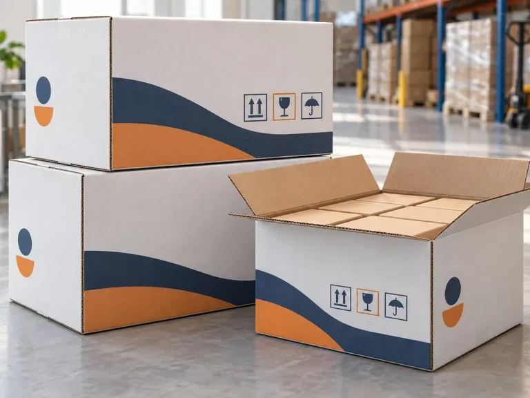 Printed white-liner master cartons with abstract navy and orange graphics