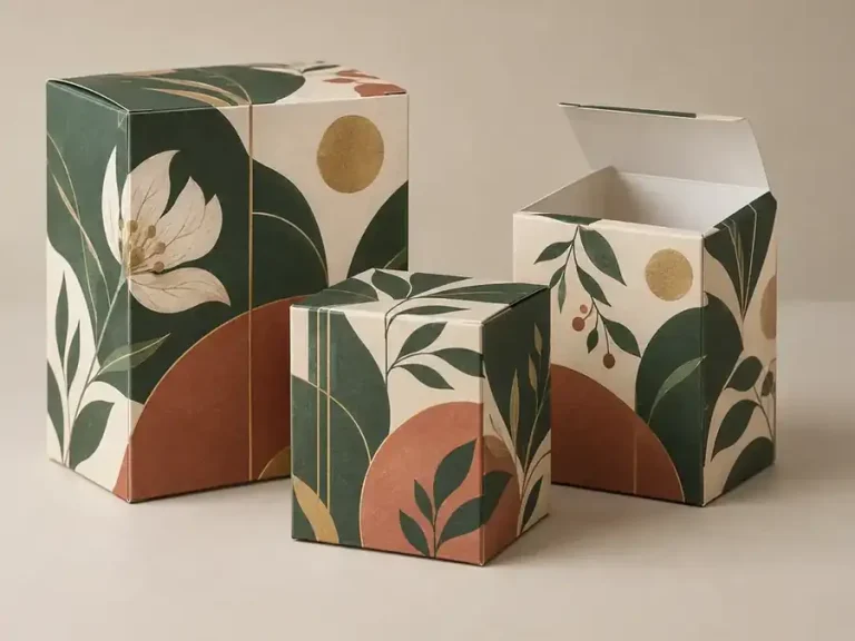 Botanical printed paperboard cartons in forest green, ivory and terracotta
