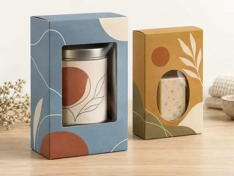 Blue and ochre printed paperboard window boxes displaying an unbranded tea tin and natural soap
