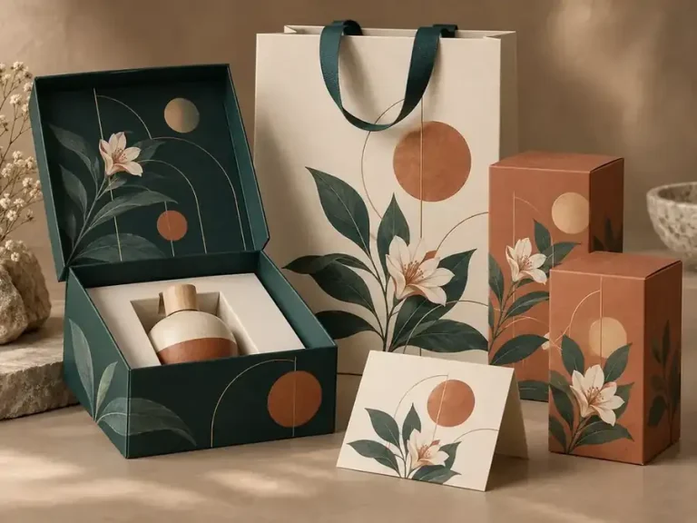 Botanical printed product presentation set with teal box, terracotta cartons, paper bag and card