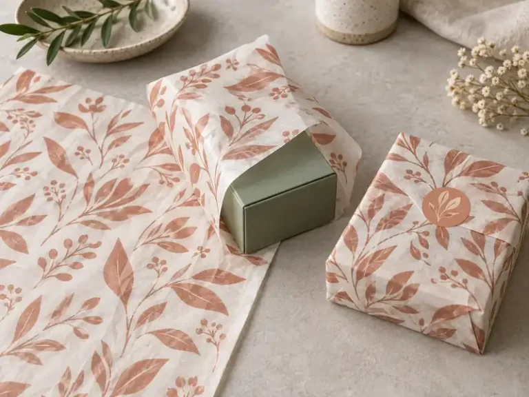 Sage accessory box wrapped in cream tissue with terracotta botanical print